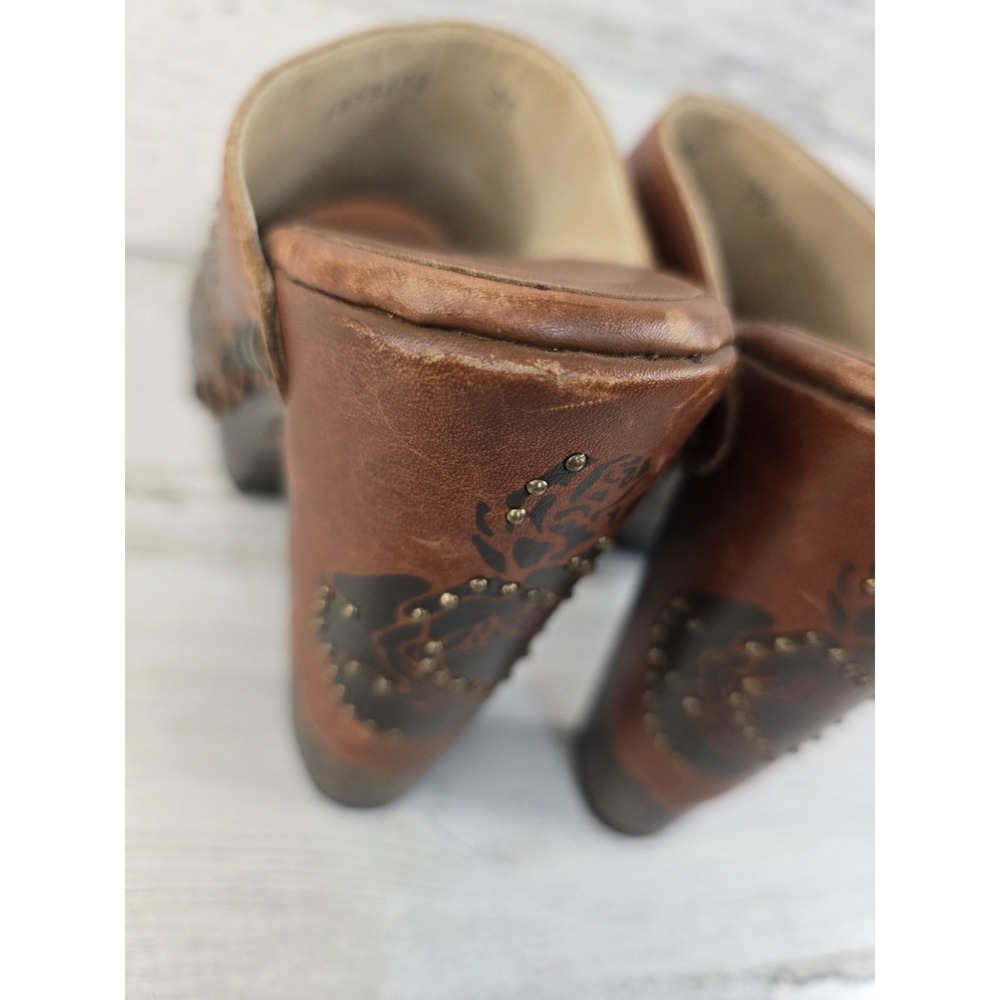 Stuart Weitzman Womens Tan Leather Rose Floral Studded Platform Clog Mules Spain - Picture 6 of 13